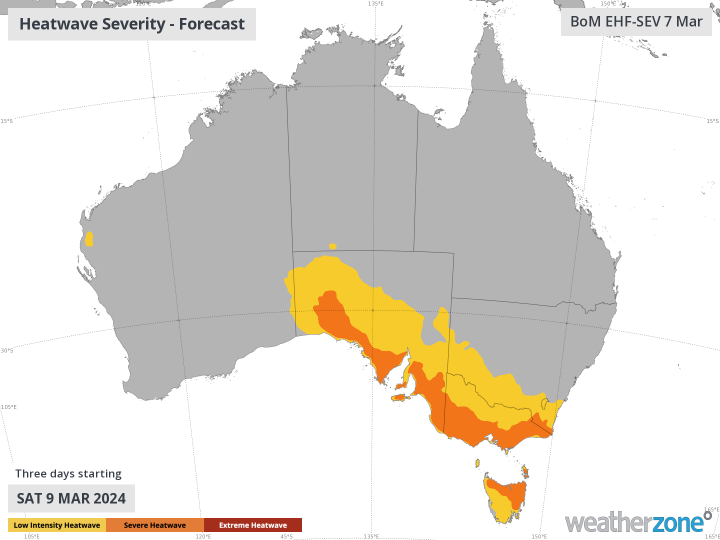 Forecast heatwave severity, showing severe condtions for SA, Vic and northeast Tas